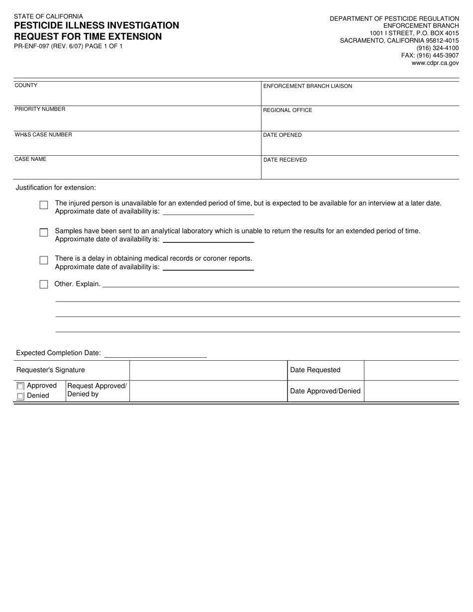 Form PR-ENF-097 Pesticide Illness Investigation Request for Time Extension - California, Page 1