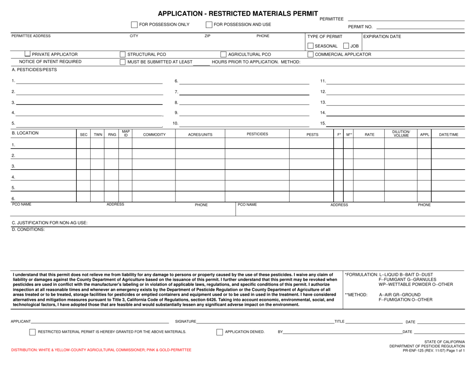 Form PR-ENF-125 Application - Restricted Materials Permit - California, Page 1