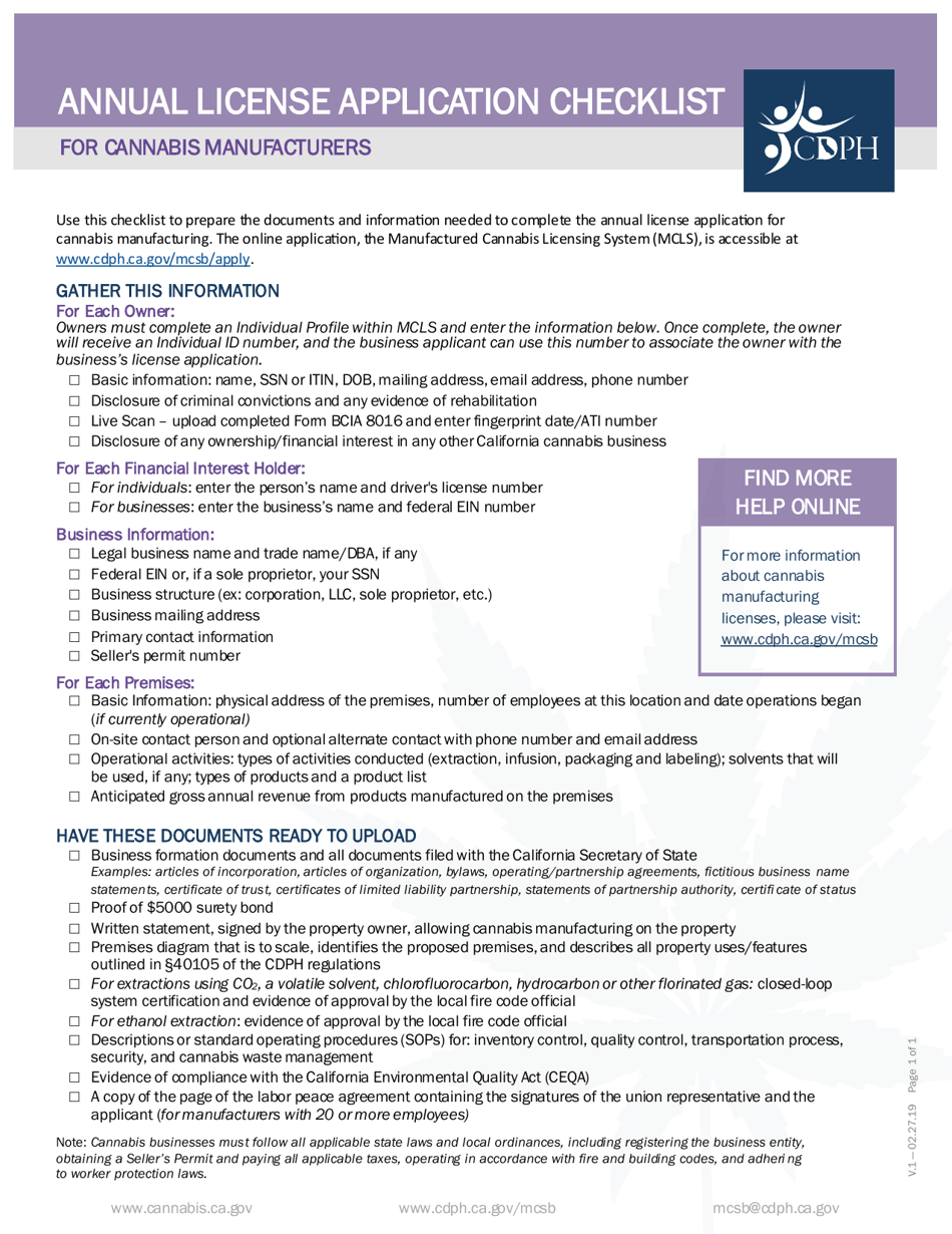 Annual License Application Checklist for Cannabis Manufacturers - California, Page 1