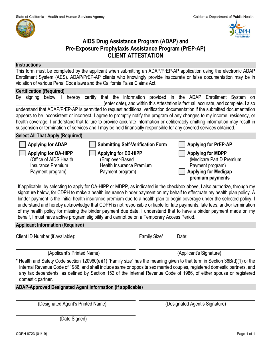 Form CDPH8723 Client Attestation - California, Page 1