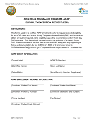 Form CDPH8729 AIDS Drug Assistance Program (Adap) Eligibility Exception Request (Eer) - California