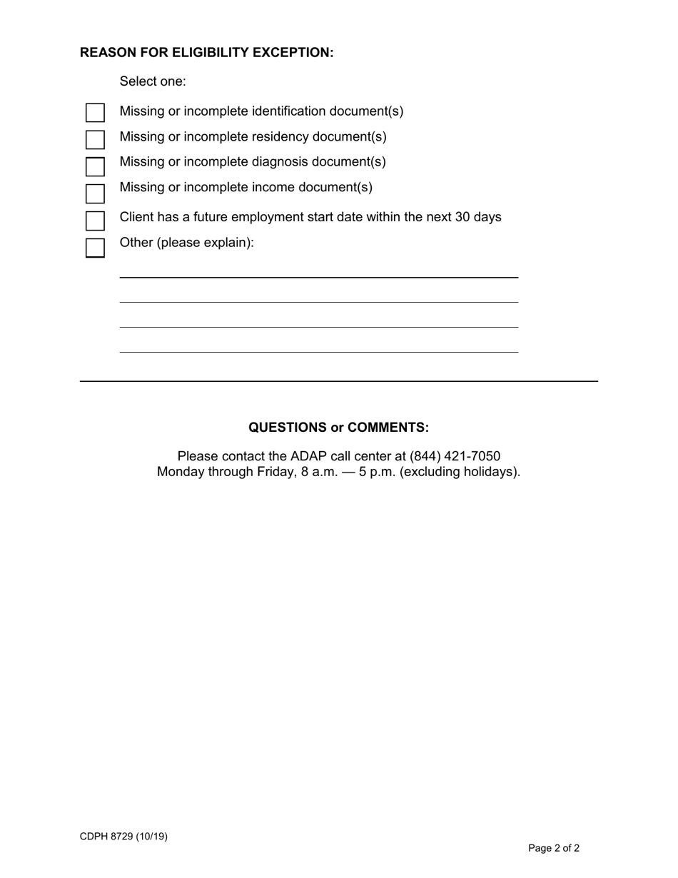 Form CDPH8729 AIDS Drug Assistance Program (Adap) Eligibility Exception Request (Eer) - California, Page 2