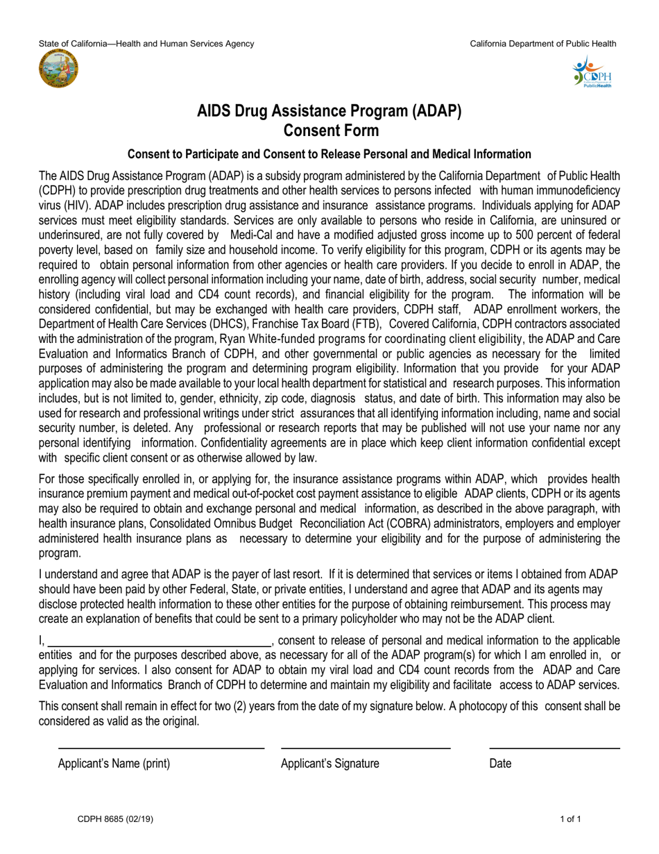 Form CDPH8685 AIDS Drug Assistance Program (Adap) Consent Form - California, Page 1