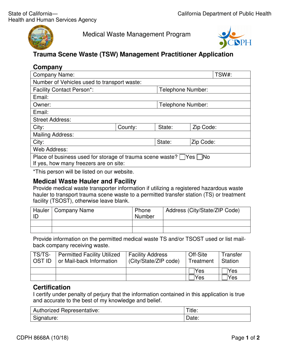 Form CDPH8668A Trauma Scene Waste Management Practitioner Application - California, Page 1
