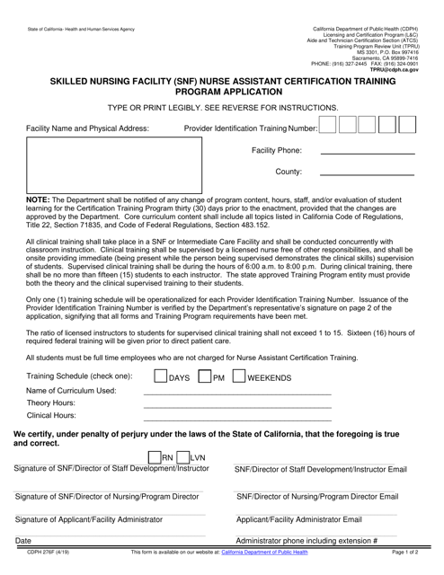 Form CDPH276F Skilled Nursing Facility (Snf) Nurse Assistant Certification Training Program Application - California