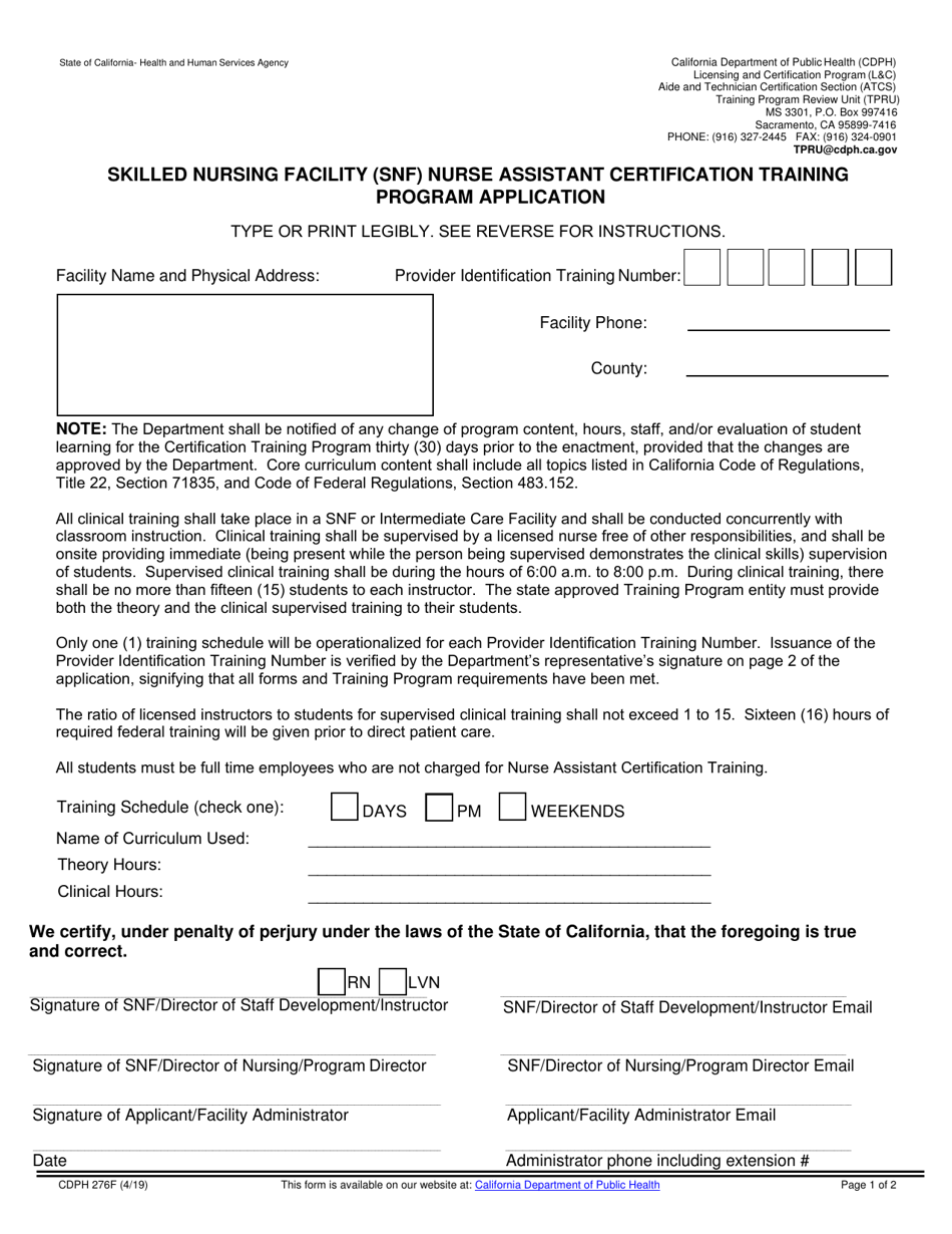 Form CDPH276F Skilled Nursing Facility (Snf) Nurse Assistant Certification Training Program Application - California, Page 1
