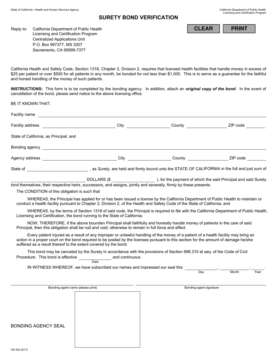 Form HS402 Surety Bond Verification - California, Page 1