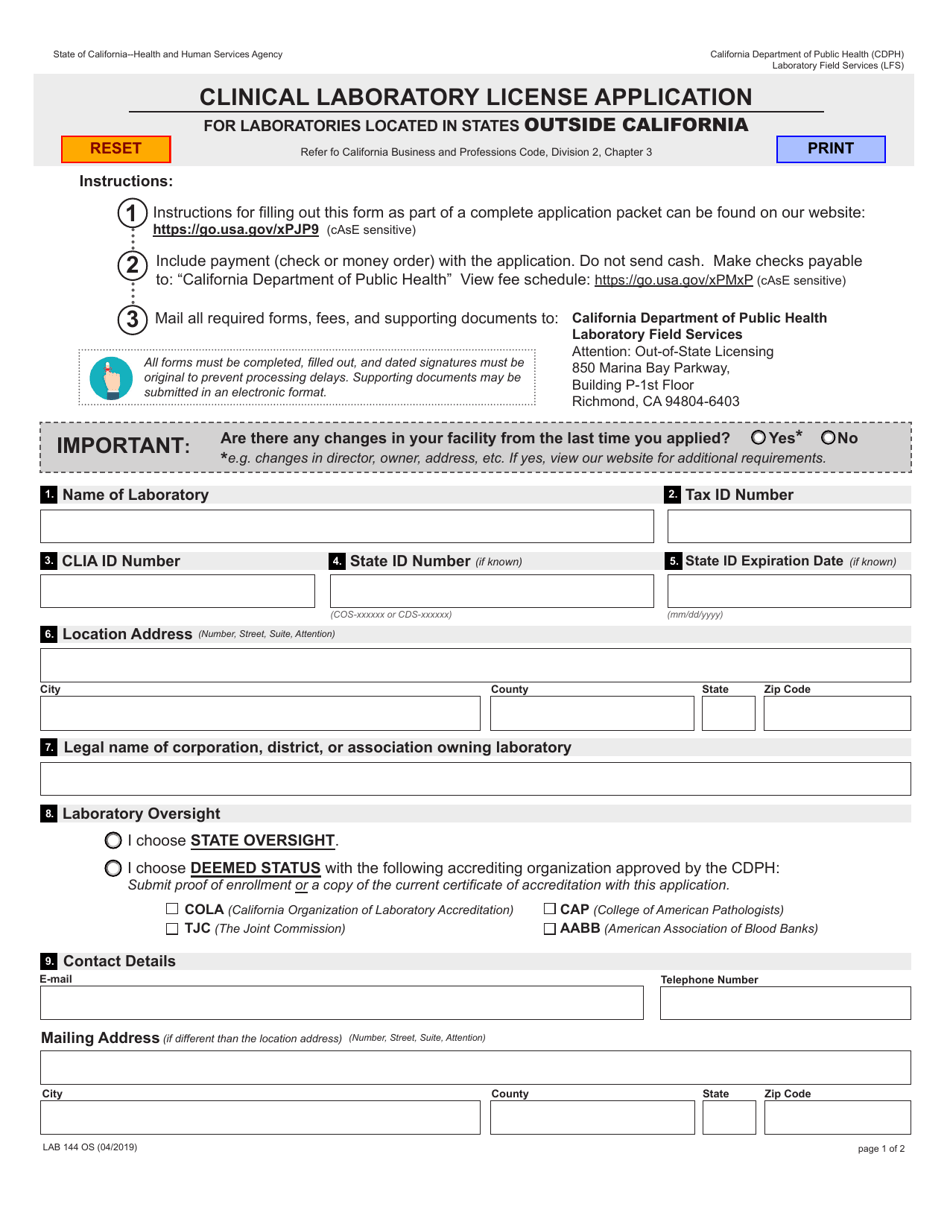 Form LAB144 OS Clinical Laboratory License Application for Laboratories Located in States Other Than California - California, Page 1