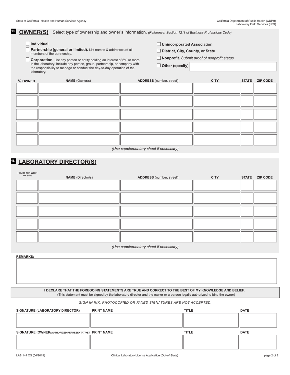 Form LAB144 OS Clinical Laboratory License Application for Laboratories Located in States Other Than California - California, Page 2