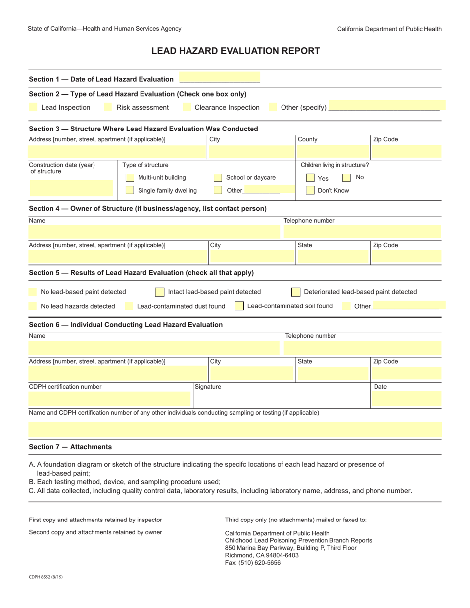Form CDPH8552 Lead Hazard Evaluation Report - California, Page 1