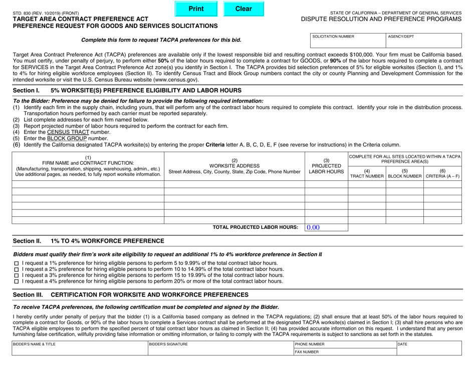 Form STD.830 Target Area Contract Preference Act Preference Request for Goods and Services - California, Page 1