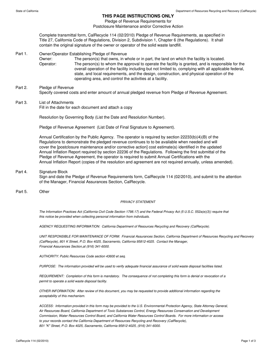 Form CalRecycle114 Pledge of Revenue Requirements - California, Page 1
