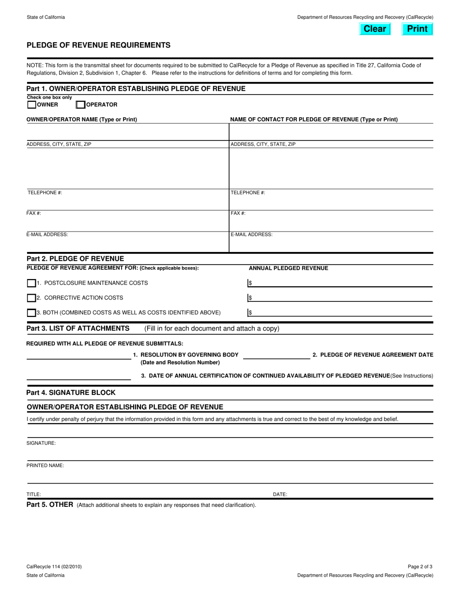 Form CalRecycle114 Pledge of Revenue Requirements - California, Page 2