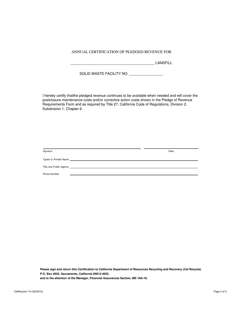 Form CalRecycle114 Pledge of Revenue Requirements - California, Page 3