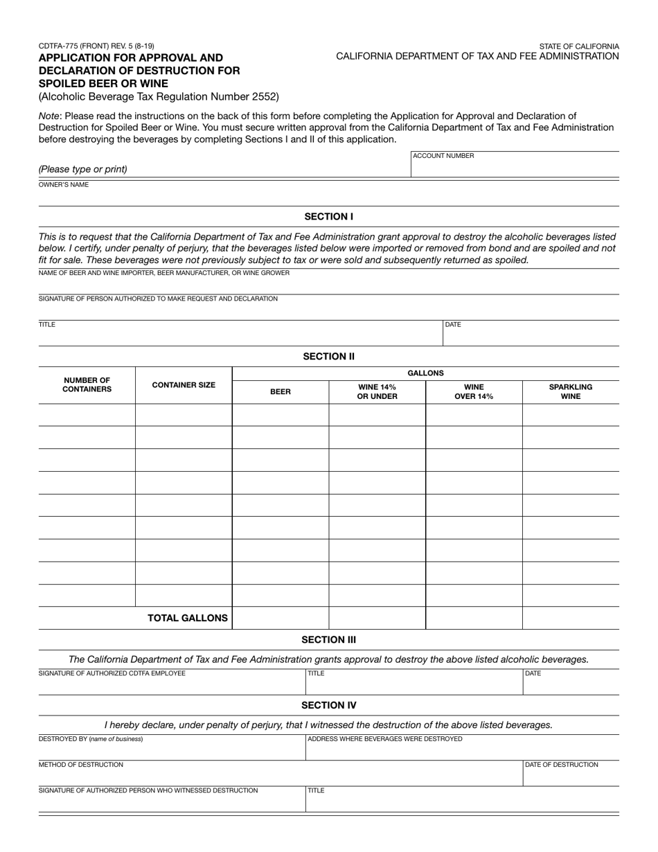 Form CDTFA-775 Application for Approval and Declaration of Destruction for Spoiled Beer or Wine - California, Page 1