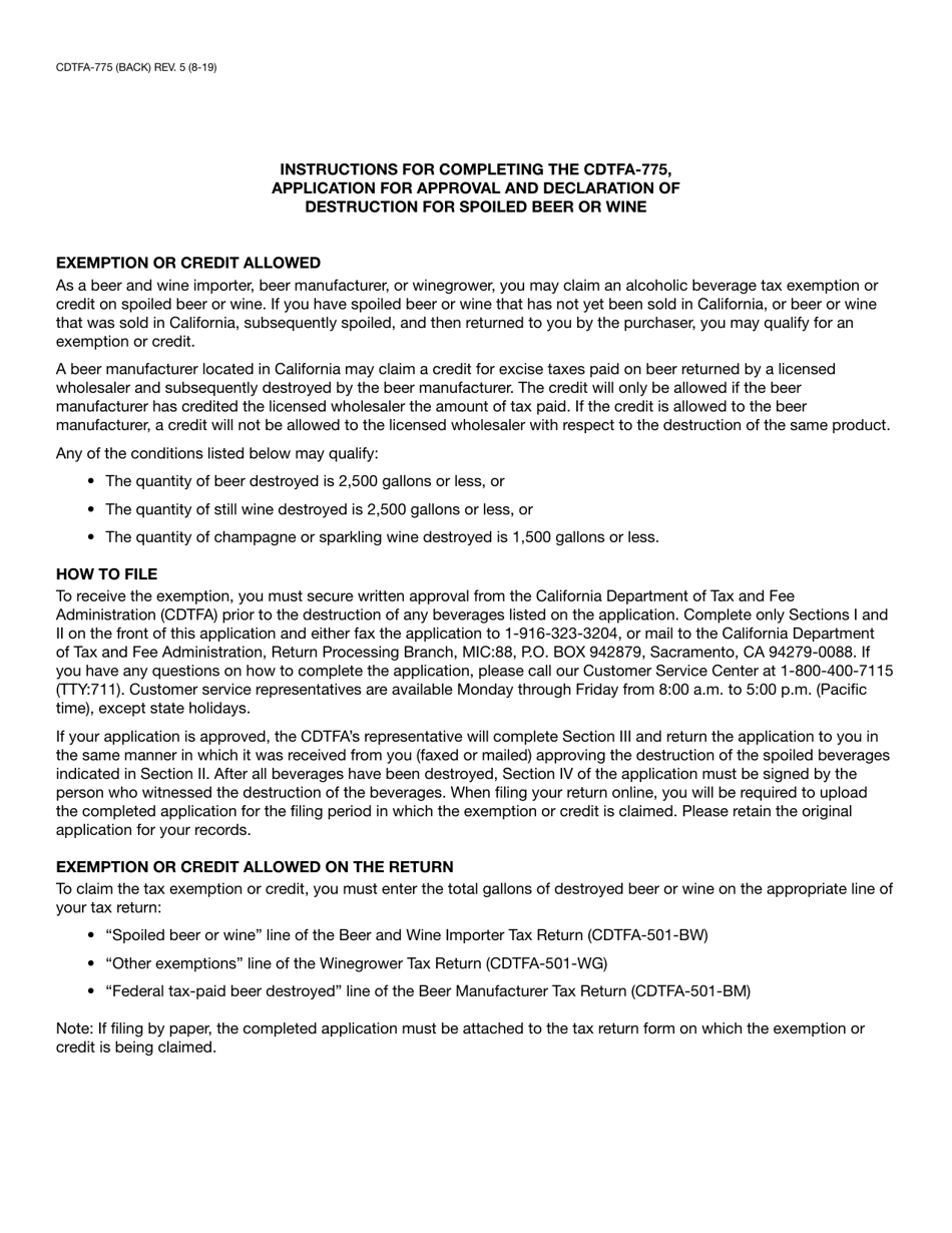 Form CDTFA-775 Application for Approval and Declaration of Destruction for Spoiled Beer or Wine - California, Page 2