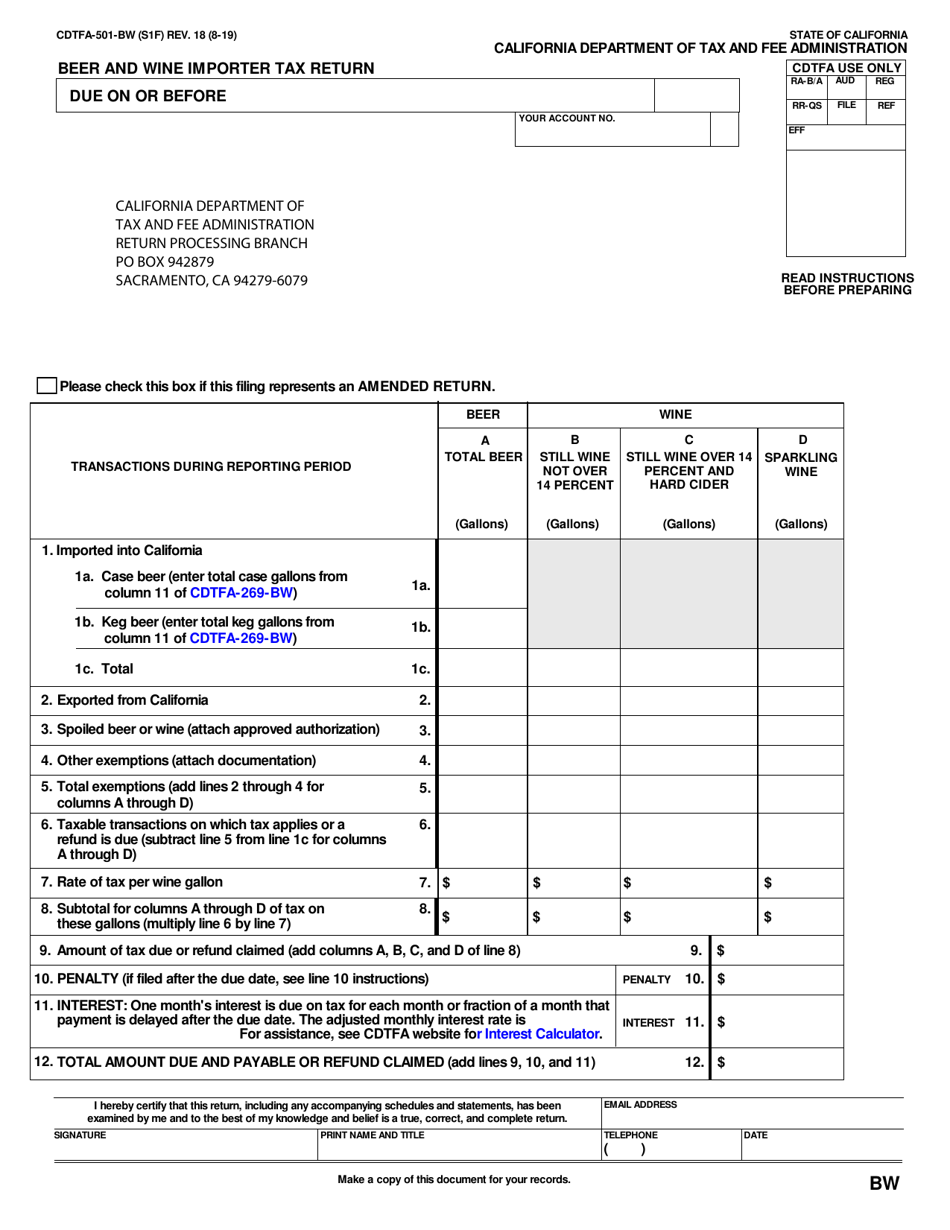 Form CDTFA-501-BW Beer and Wine Importer Tax Return - California, Page 1