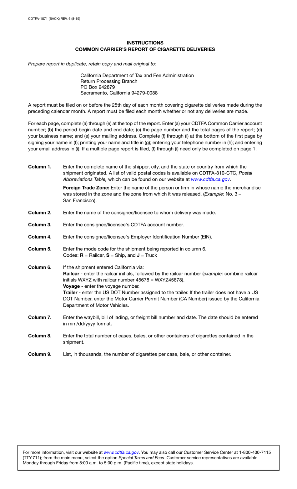 Form CDTFA-1071 Common Carriers Report of Cigarette Deliveries of Interstate or Foreign Shipments of Cigarettes Destined and California Points - California, Page 2