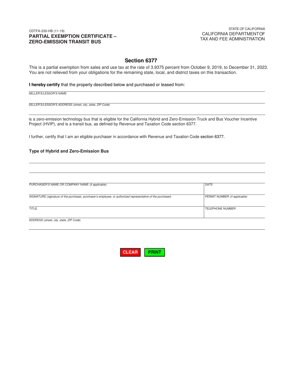 Form CDTFA-230-HB Partial Exemption Certificate - Zero-Emission Transit Bus - California, Page 1