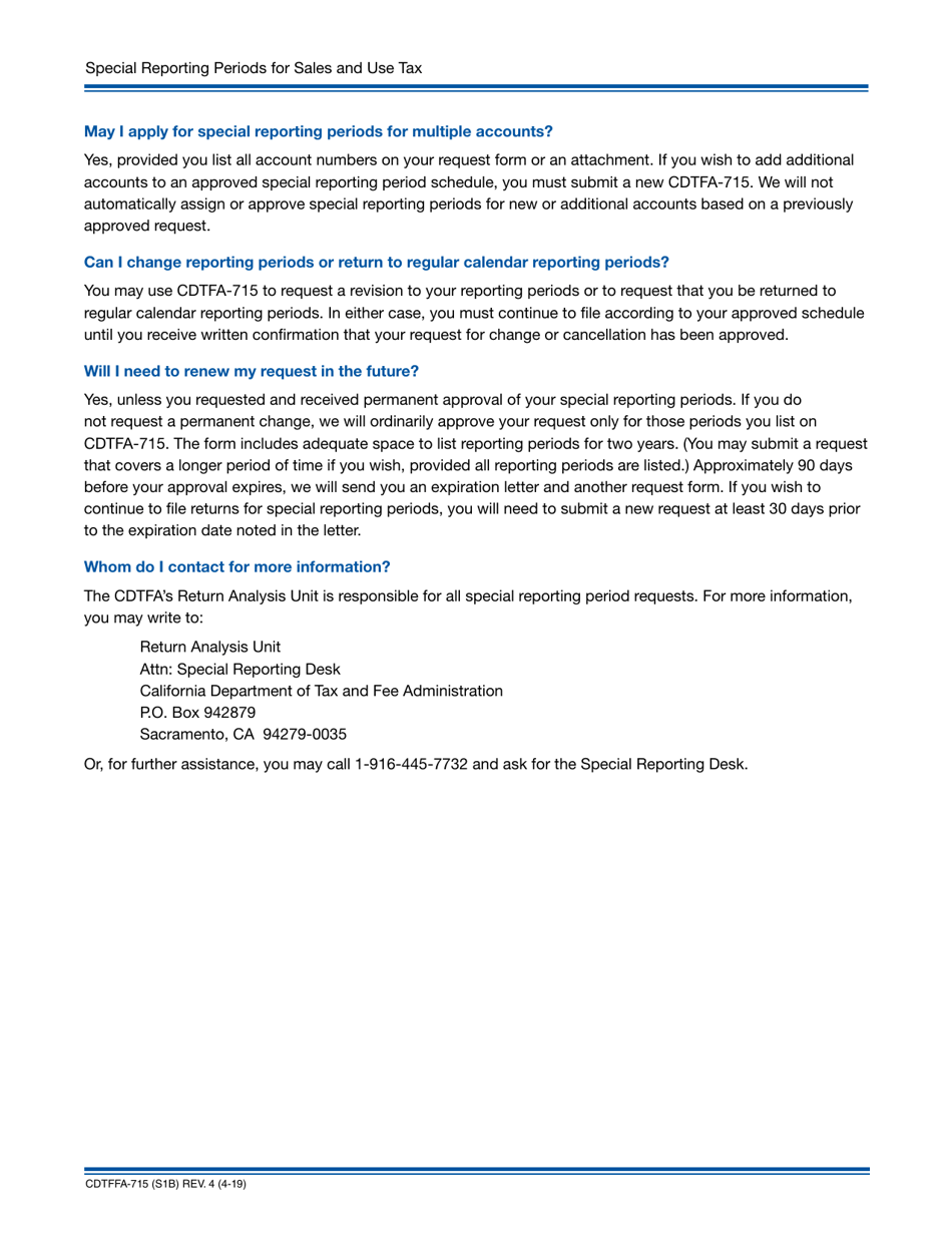 Form CDTFA-715 Request for Special Reporting Periods - California, Page 2