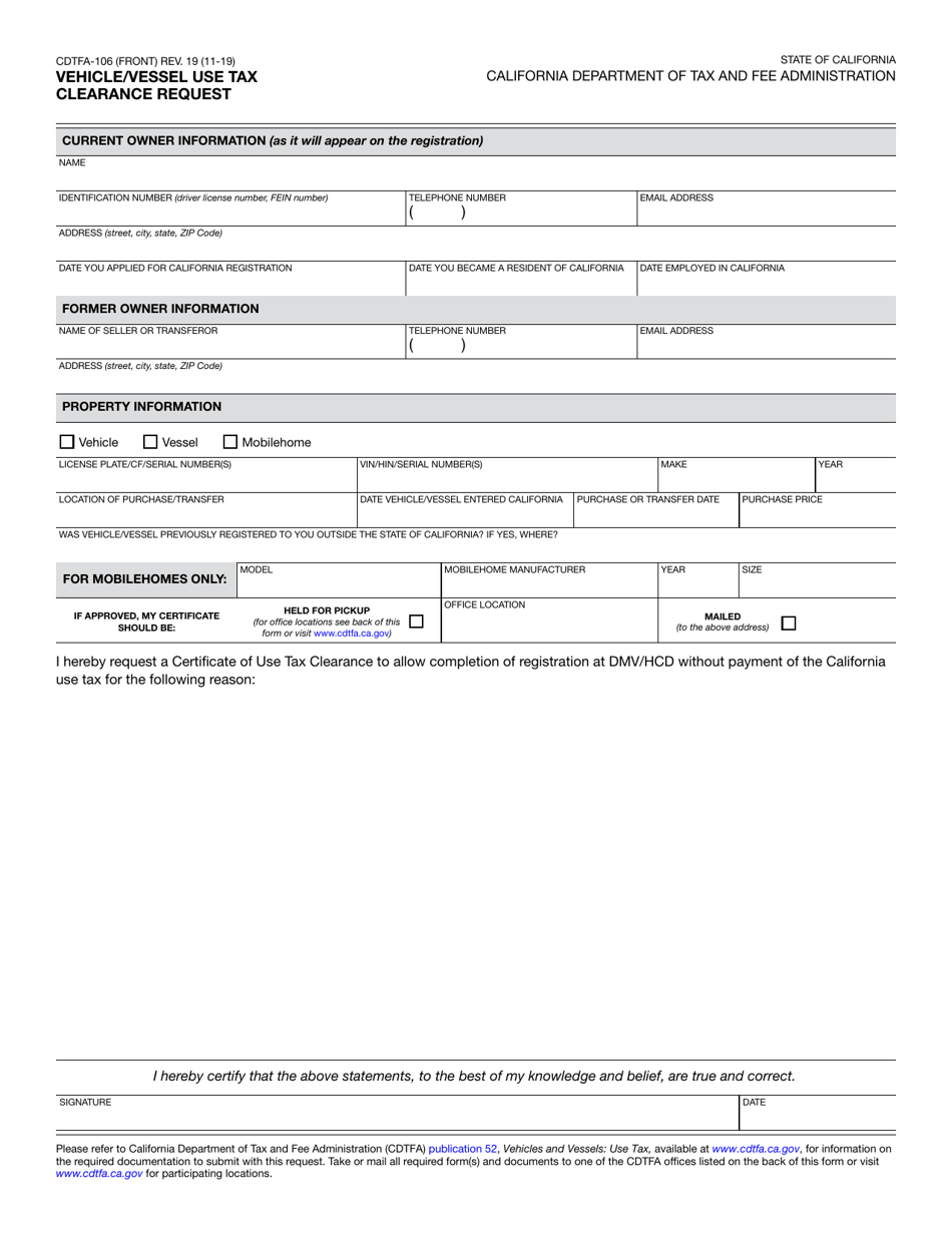 Form CDTFA-106 Vehicle / Vessel Use Tax Clearance Request - California, Page 2