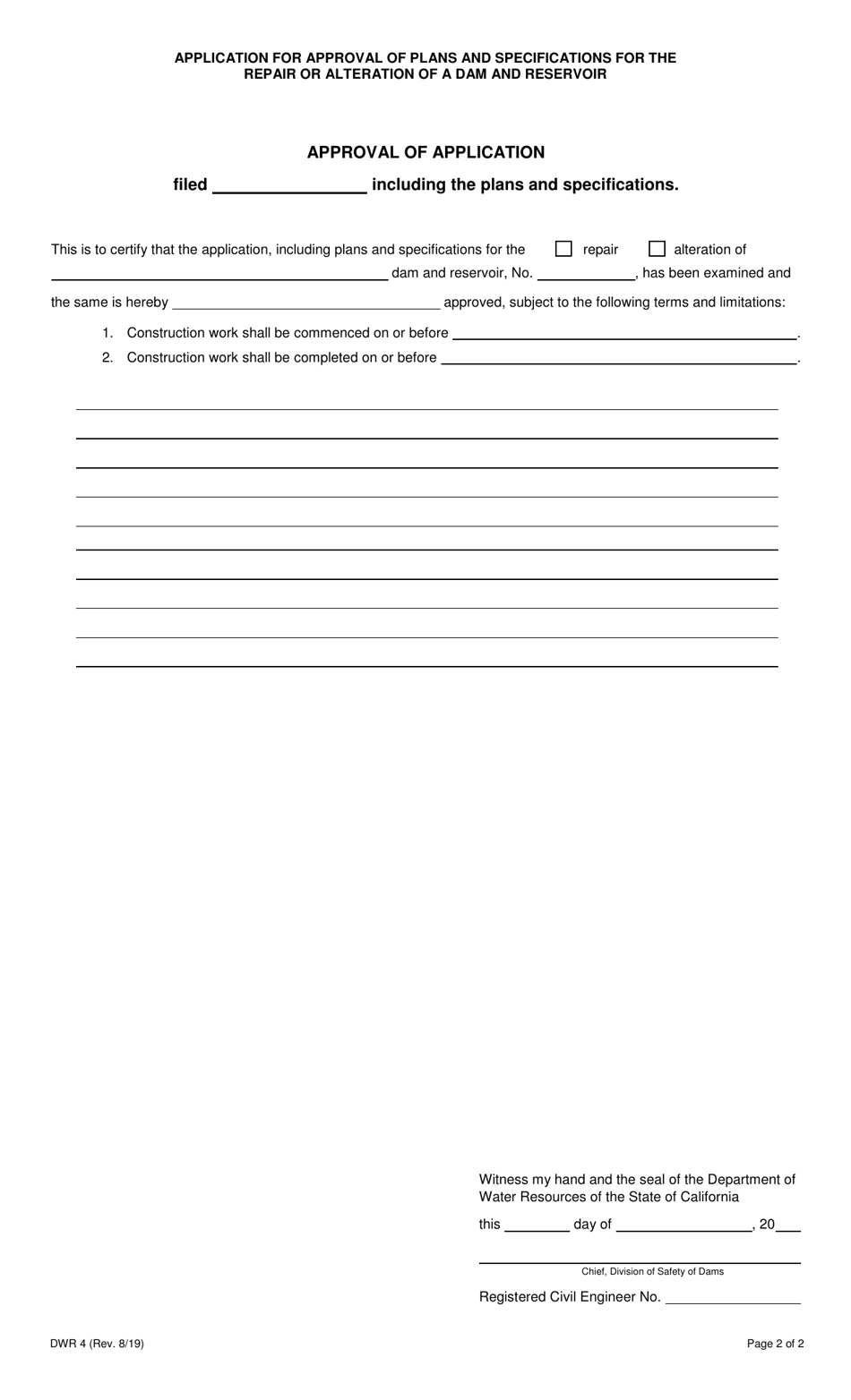 Form DWR4 Application for Approval of Plans and Specifications for the Repair or Alternation of a Dam and Reservoir - California, Page 2