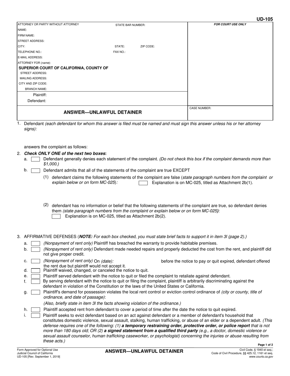 Form UD-105 Answer - Unlawful Detainer - California, Page 1