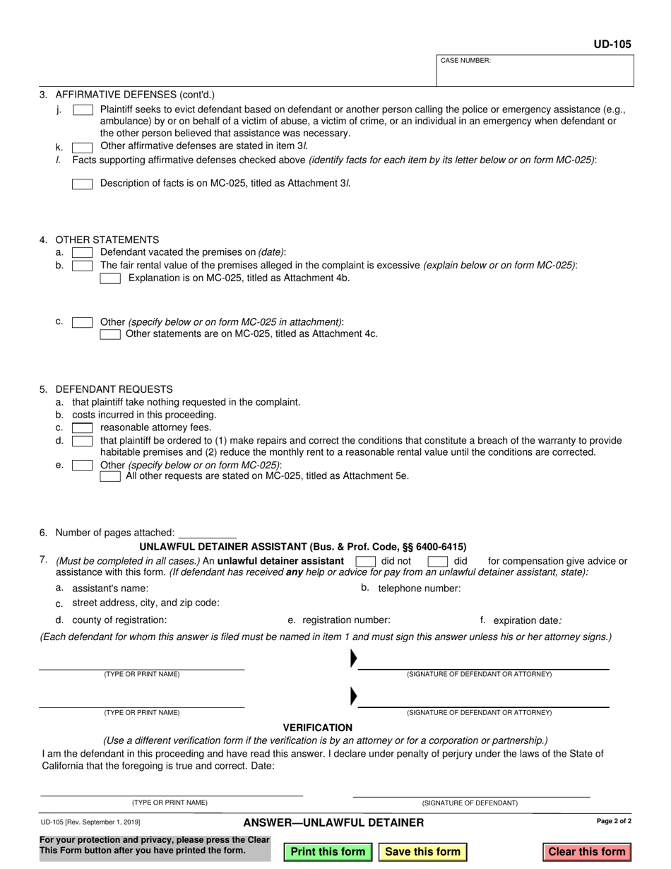 Form UD-105 Answer - Unlawful Detainer - California, Page 2