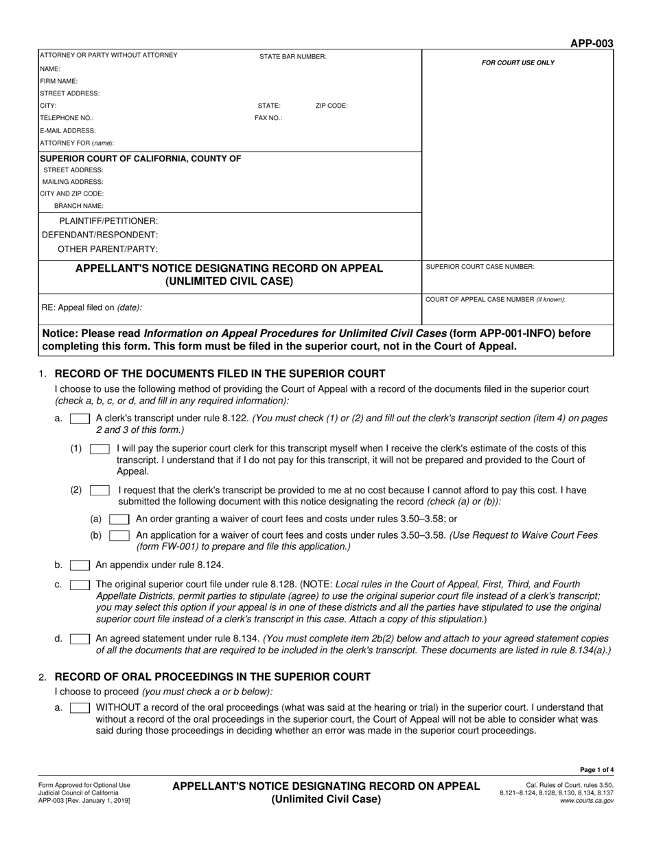 Form APP-003 Appellants Notice Designating Record on Appeal (Unlimited Civil Case) - California, Page 1