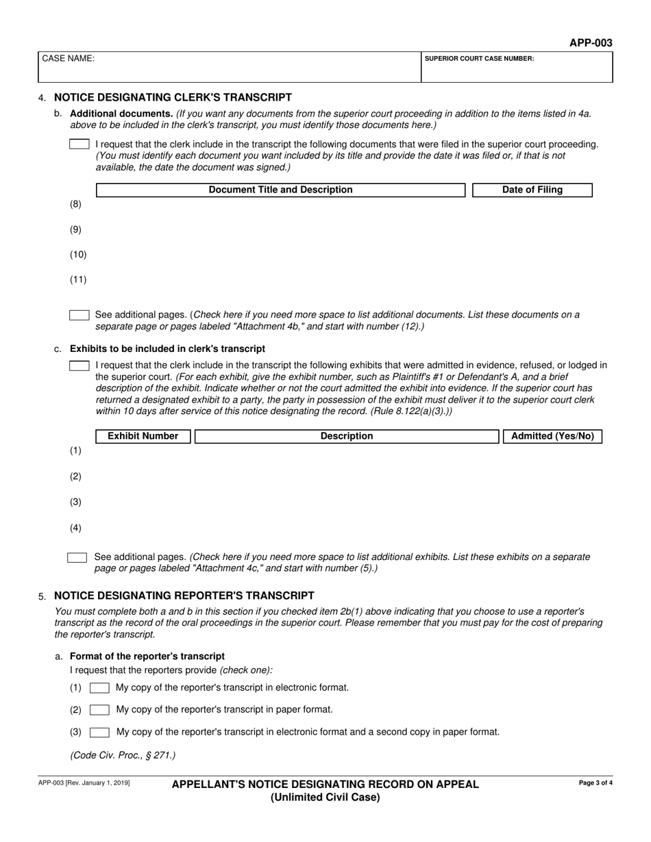 Form APP-003 Appellants Notice Designating Record on Appeal (Unlimited Civil Case) - California, Page 3