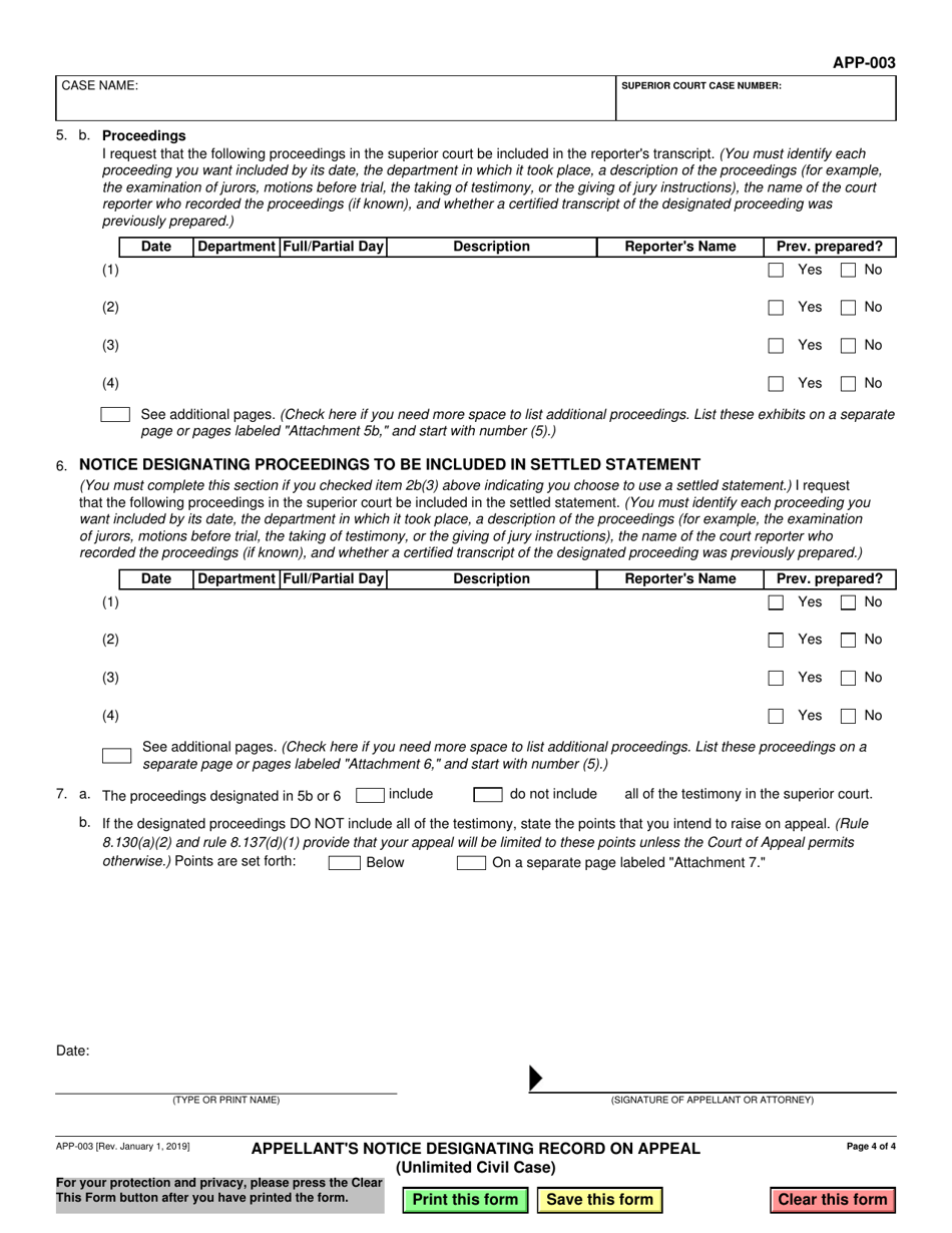 Form APP-003 Appellants Notice Designating Record on Appeal (Unlimited Civil Case) - California, Page 4