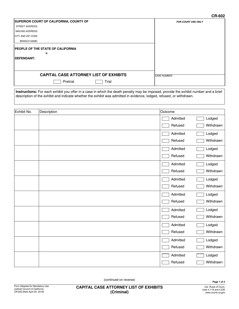 Form CR-602 Capital Case Attorney List of Exhibits (Criminal) - California, Page 1