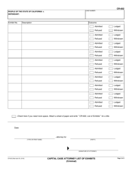 Form CR-602 Capital Case Attorney List of Exhibits (Criminal) - California, Page 2