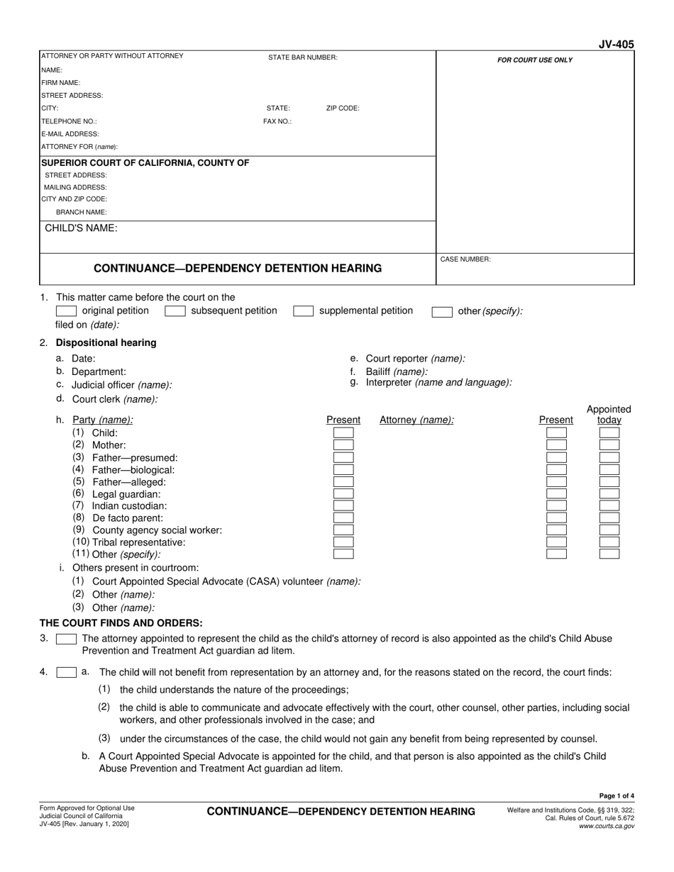 Form JV-405 Continuance - Dependency Detention Hearing - California, Page 1