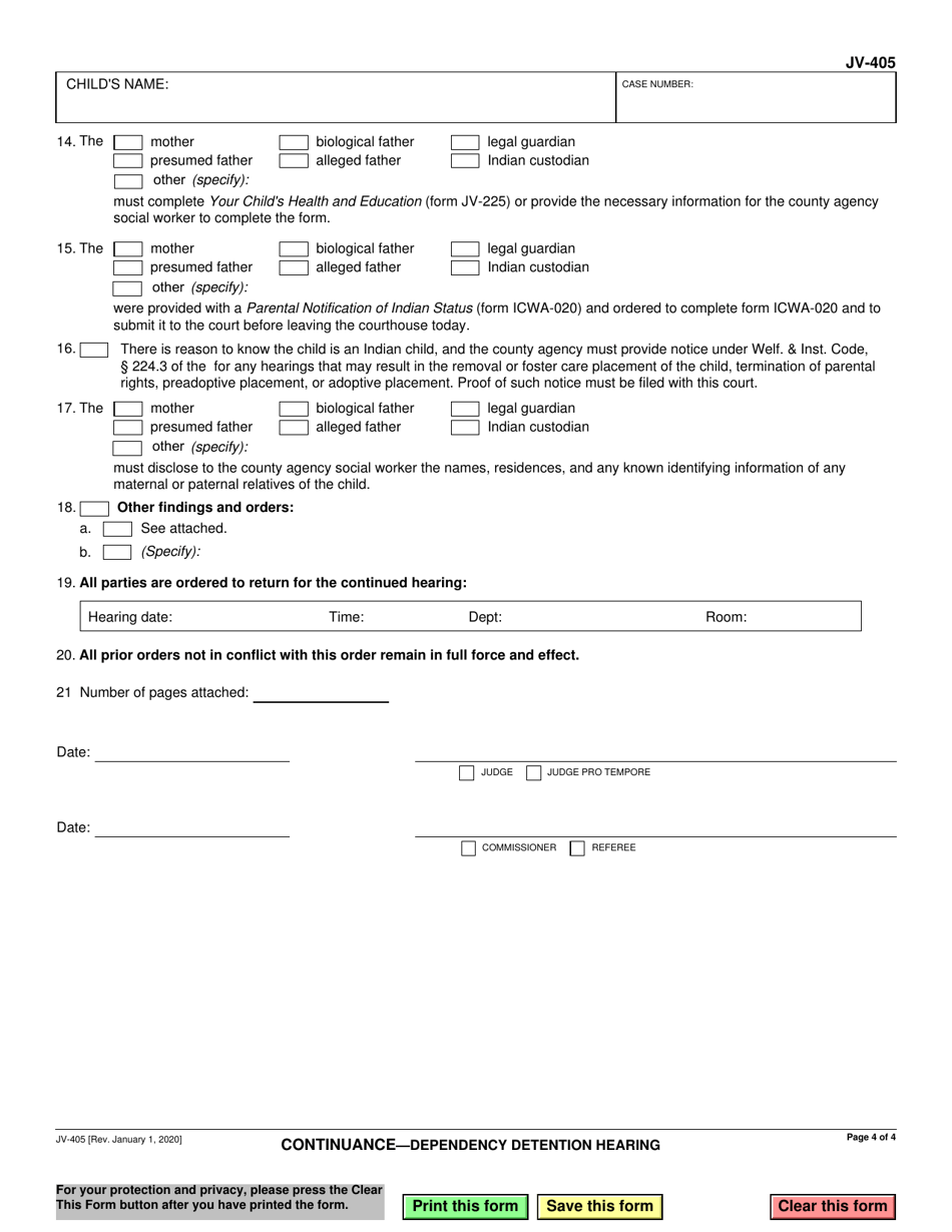 Form JV-405 Continuance - Dependency Detention Hearing - California, Page 4