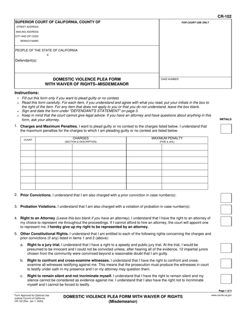 Form CR-102 Domestic Violence Plea Form With Waiver of Rights (Misdemeanor) - California
