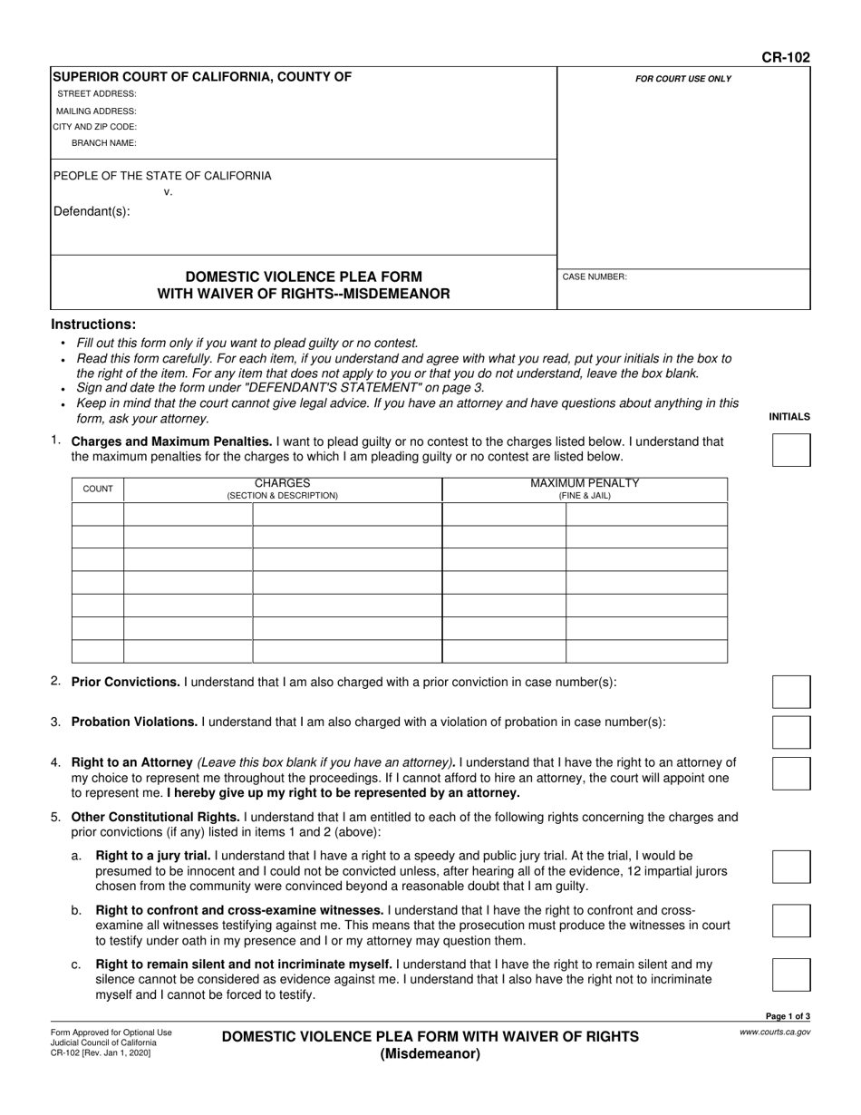 Form CR-102 Domestic Violence Plea Form With Waiver of Rights (Misdemeanor) - California, Page 1