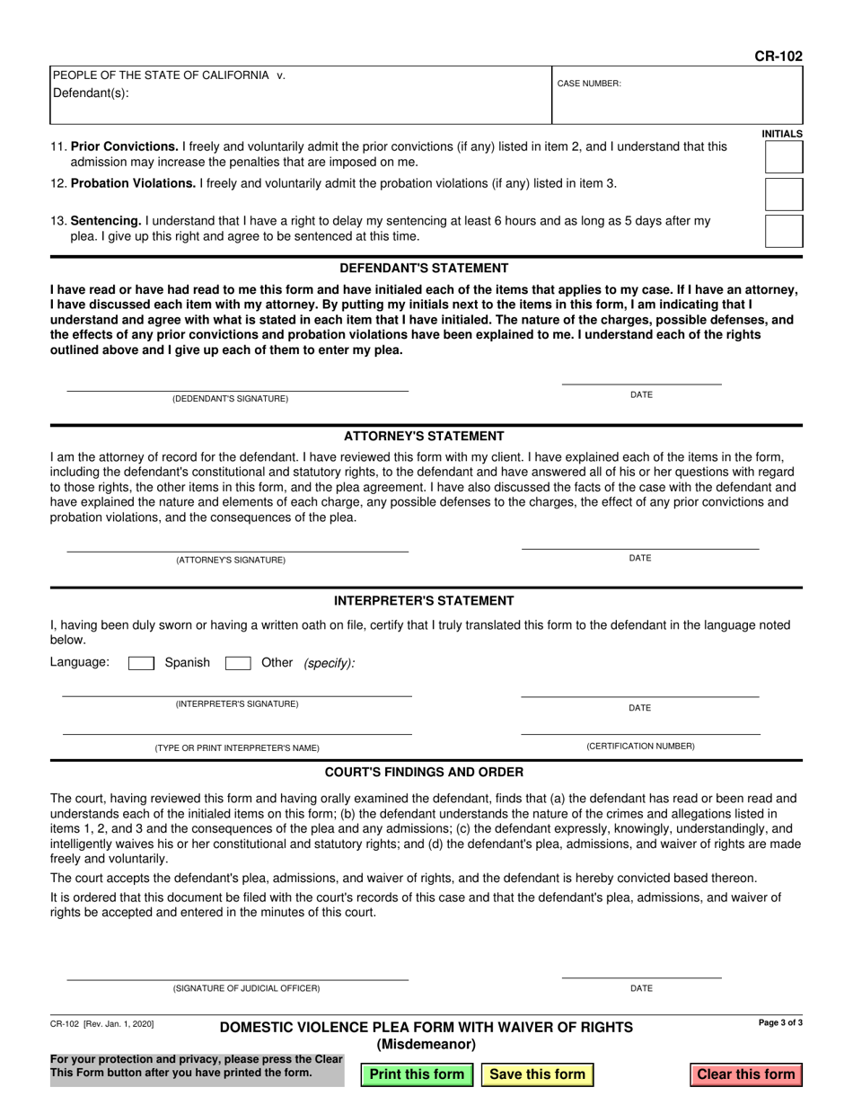 Form Cr-102 Download Fillable Pdf Or Fill Online Domestic Violence Plea 