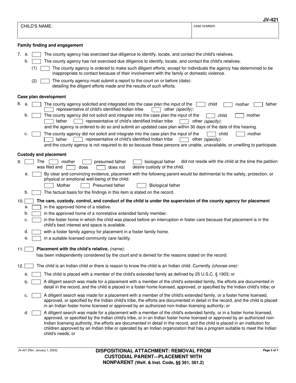 Form JV-421 Dispositional Attachment: Removal From Custodial Parent - Placement With Nonparent - California, Page 2