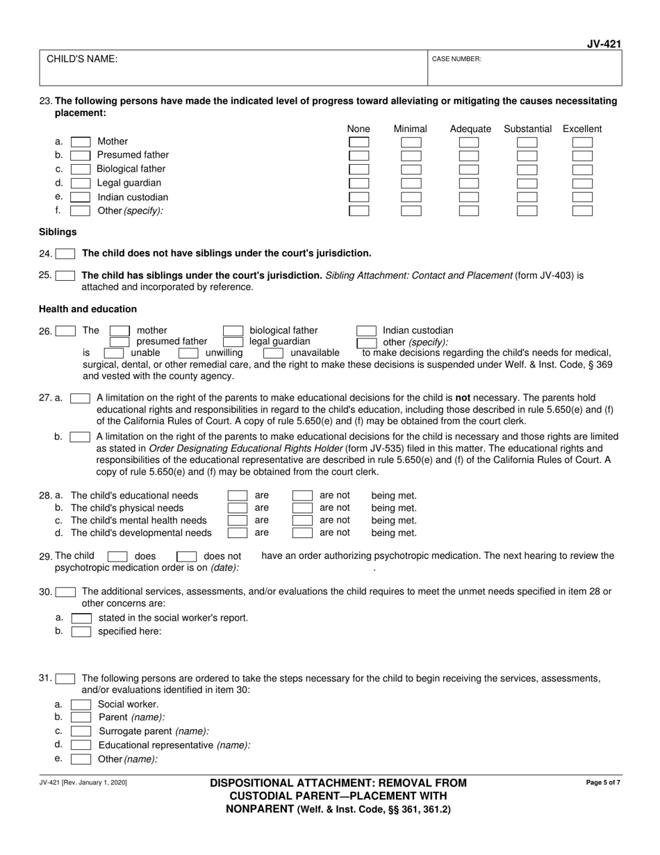 Form JV-421 Dispositional Attachment: Removal From Custodial Parent - Placement With Nonparent - California, Page 5