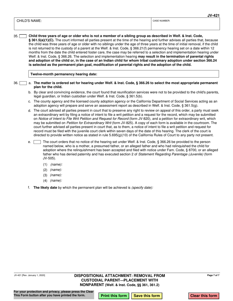 Form JV-421 Dispositional Attachment: Removal From Custodial Parent - Placement With Nonparent - California, Page 7