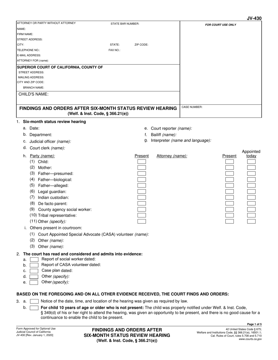 Form JV-430 Findings and Orders After Six-Month Status Review Hearing - California, Page 1