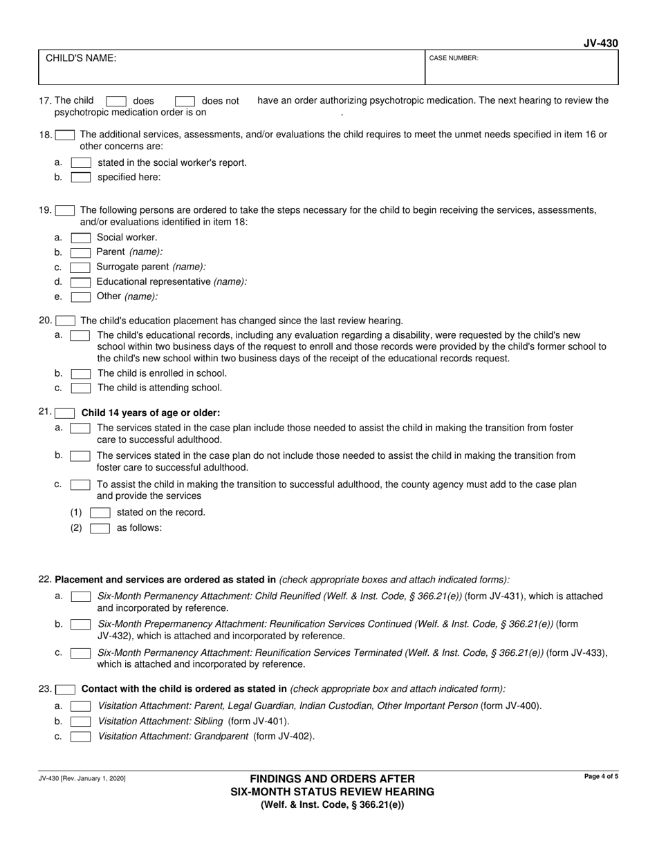 Form JV-430 Findings and Orders After Six-Month Status Review Hearing - California, Page 4