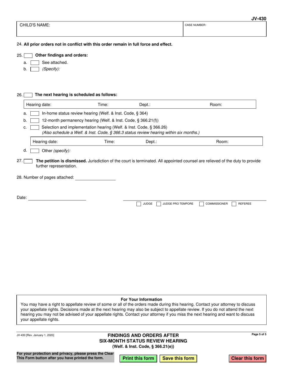 Form JV-430 Findings and Orders After Six-Month Status Review Hearing - California, Page 5
