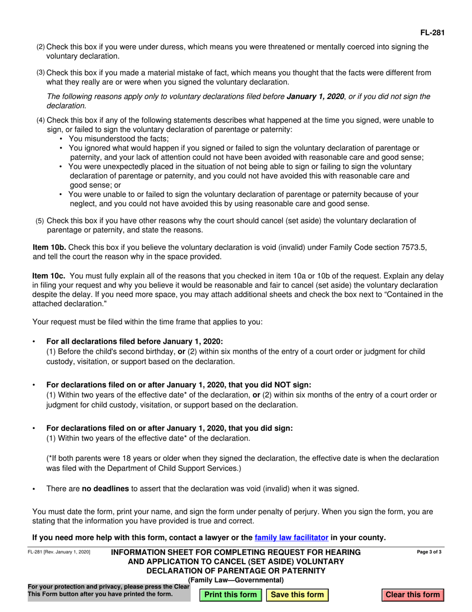 Instructions for Form FL-280 Request for Hearing and Application to Cancel (Set Aside) Voluntary Declaration of Parentage or Paternity - California, Page 3