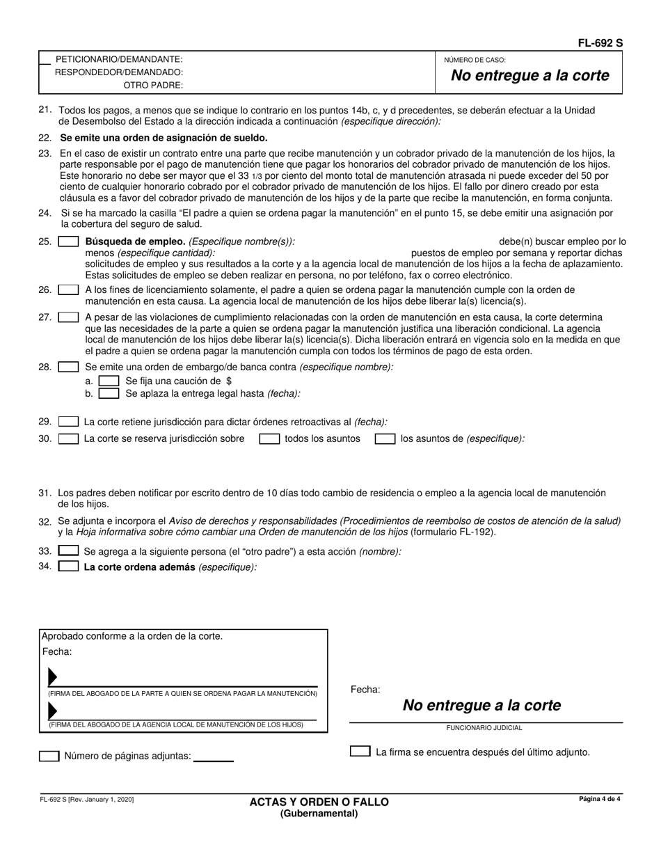 Formulario FL-692 Actas Y Orden O Fallo (Gubernamental) - California (Spanish), Page 4