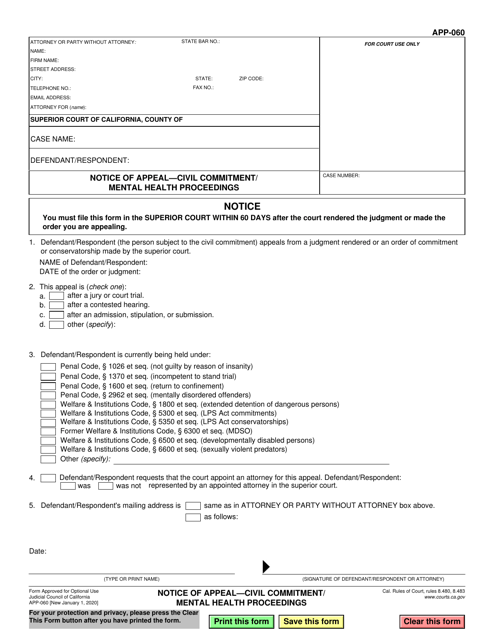 Form APP-060 Notice of Appeal - Civil Commitment/ Mental Health Proceedings - California