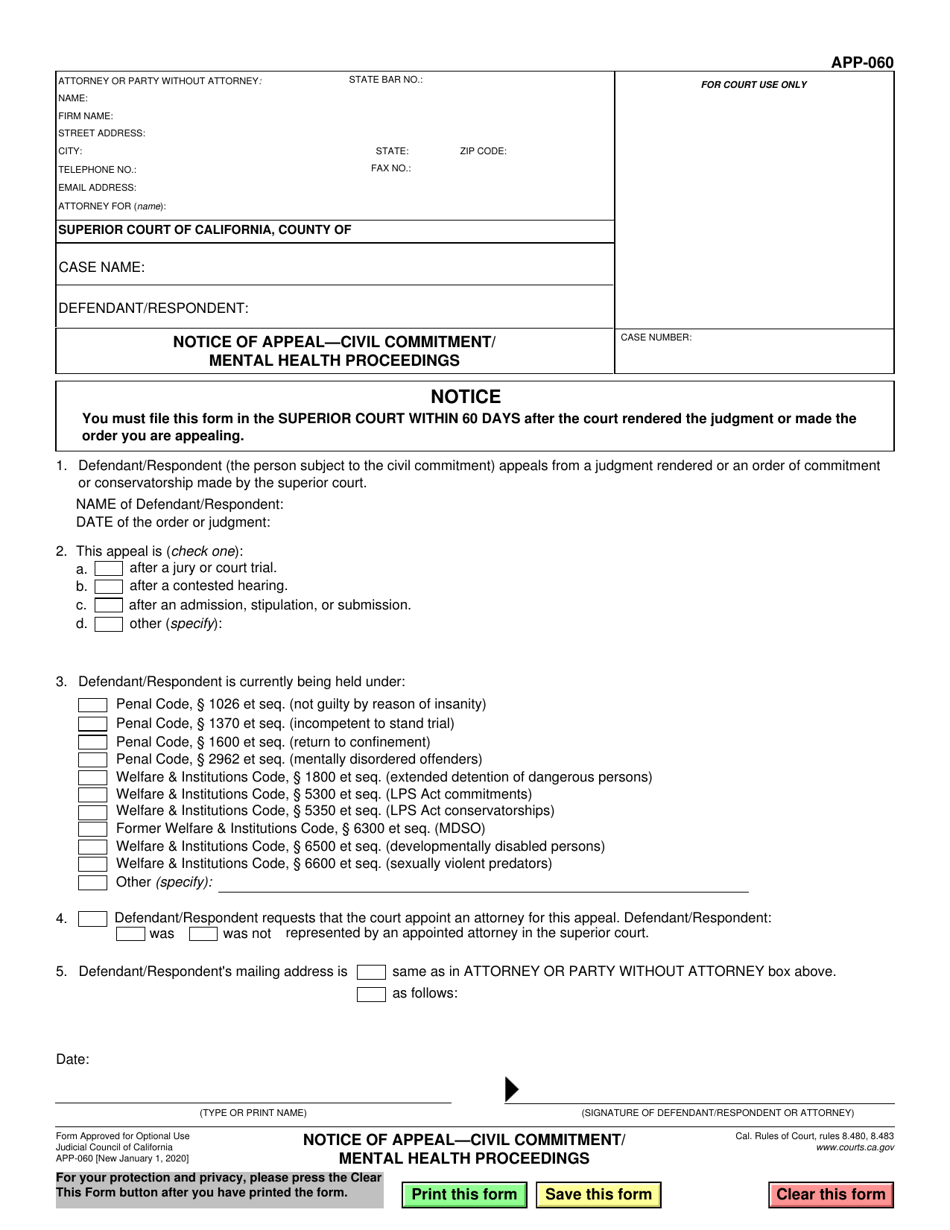 Form APP-060 Notice of Appeal - Civil Commitment / Mental Health Proceedings - California, Page 1
