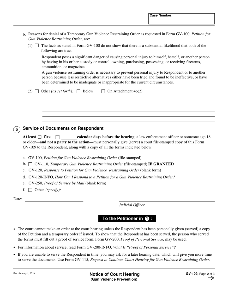 Form GV-109 Notice of Court Hearing - California, Page 2