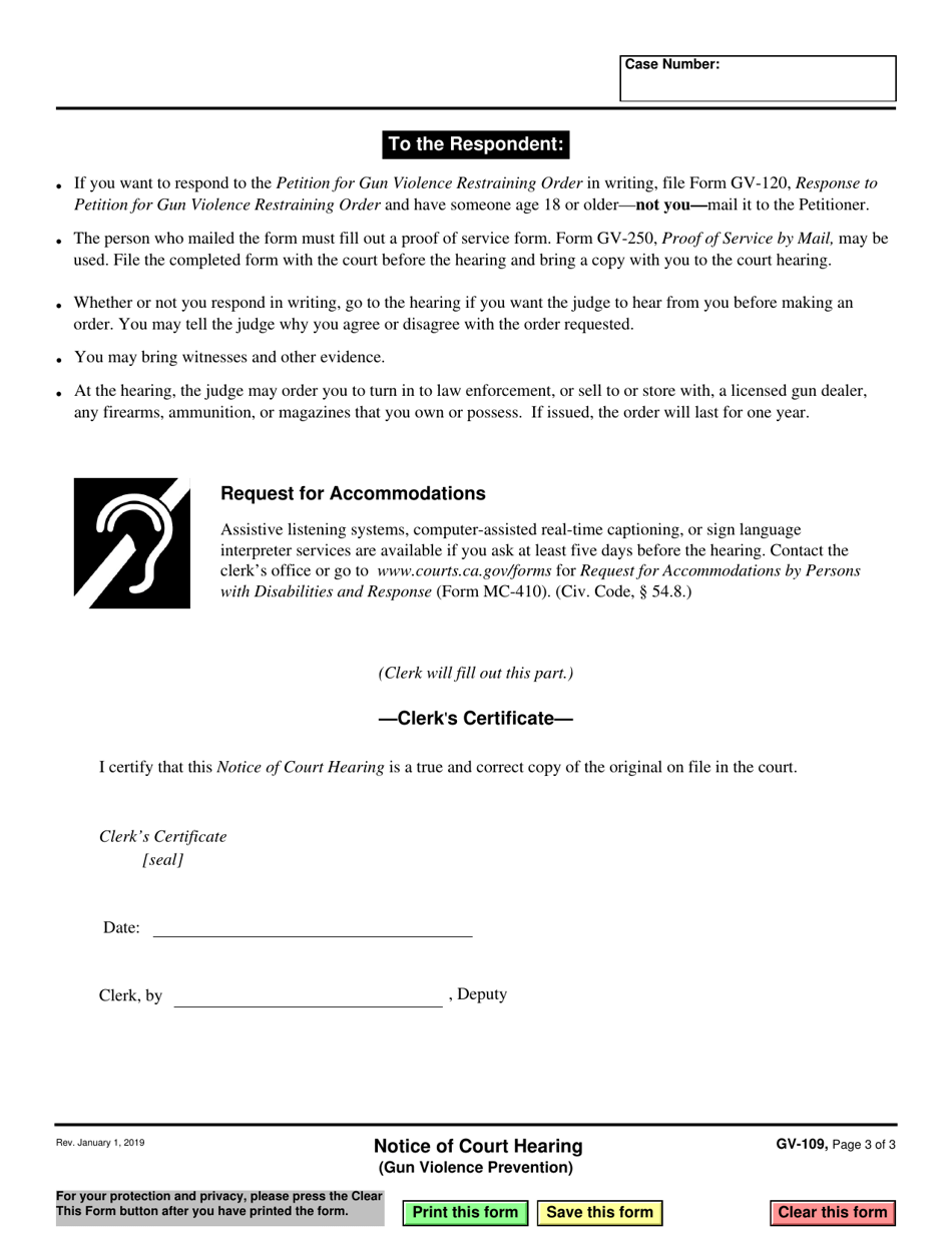 Form GV-109 Notice of Court Hearing - California, Page 3